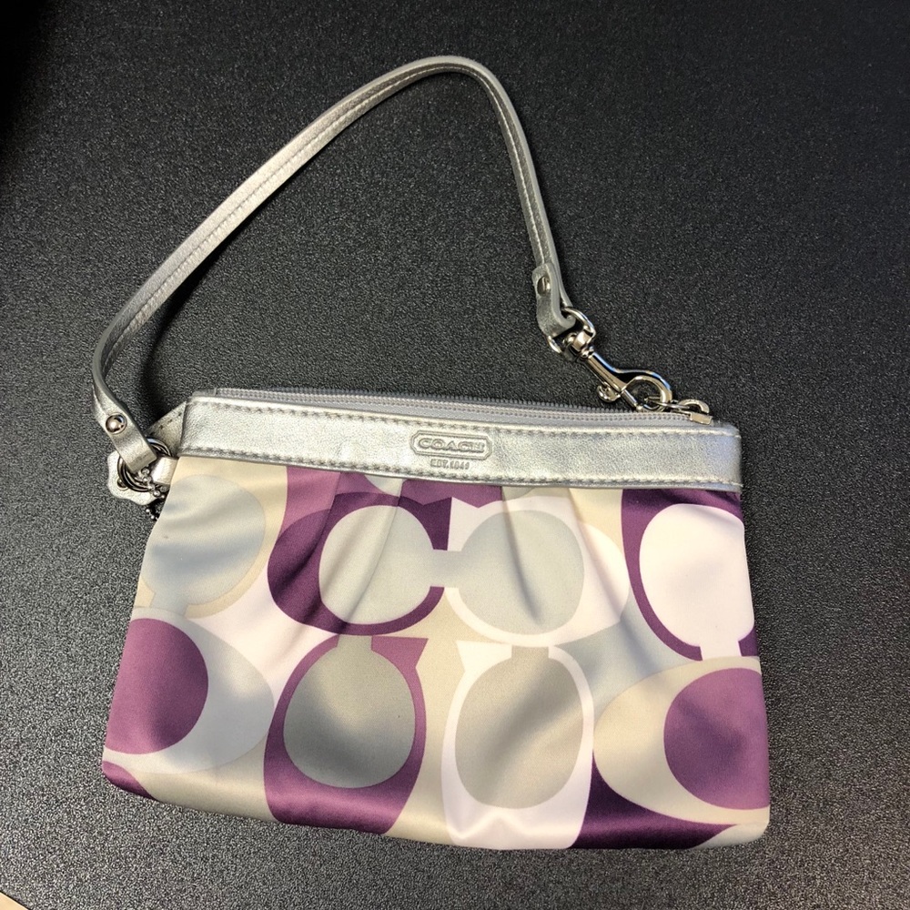 Coach signature wristlet silver + purple monogram